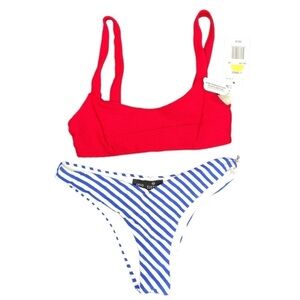 L*Space Jess Bikini Top Red/ Onia Chiara Bikini Bottom Lurex Stripe NWT